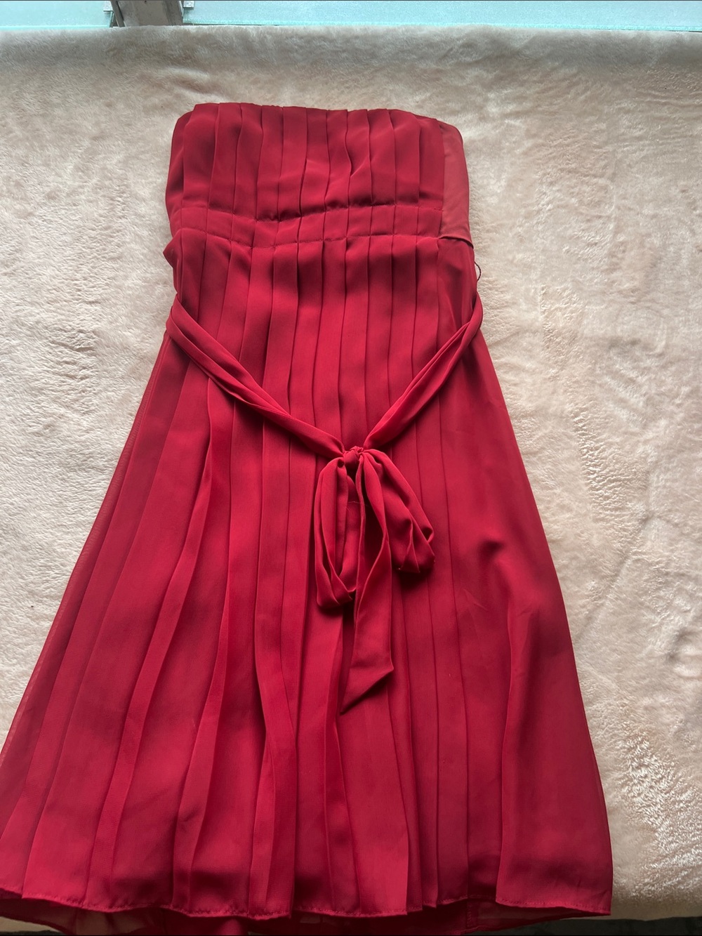 Ann Taylor Strapless Red Pleated Midi Dress with Waist Tie